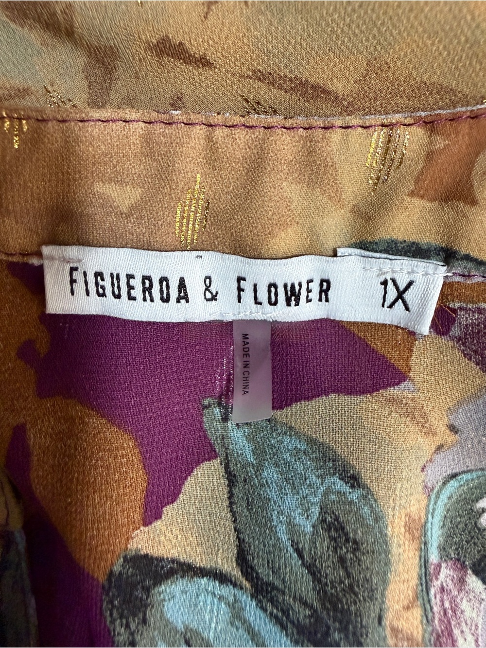 Figueroa & Flower Sheer Floral Button-Down Shirt in Purple & Gold Plus Size 1X - Picture 9 of 11